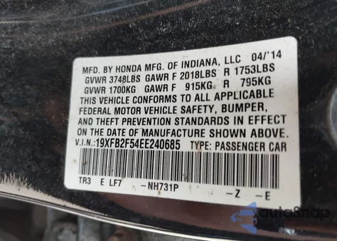 2014 Honda Civic Lx from USA, damaged, VIN 19XFB2F54EE240685